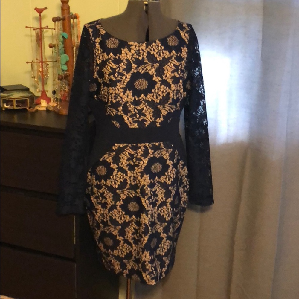 Long sleeve navy lace overlay dress